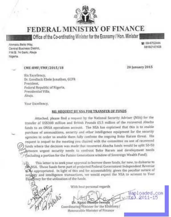See Copy Of The Letter Okonjo-Iweala Sent To GEJ  Asking For Permission To Send $300m To  Dasuki